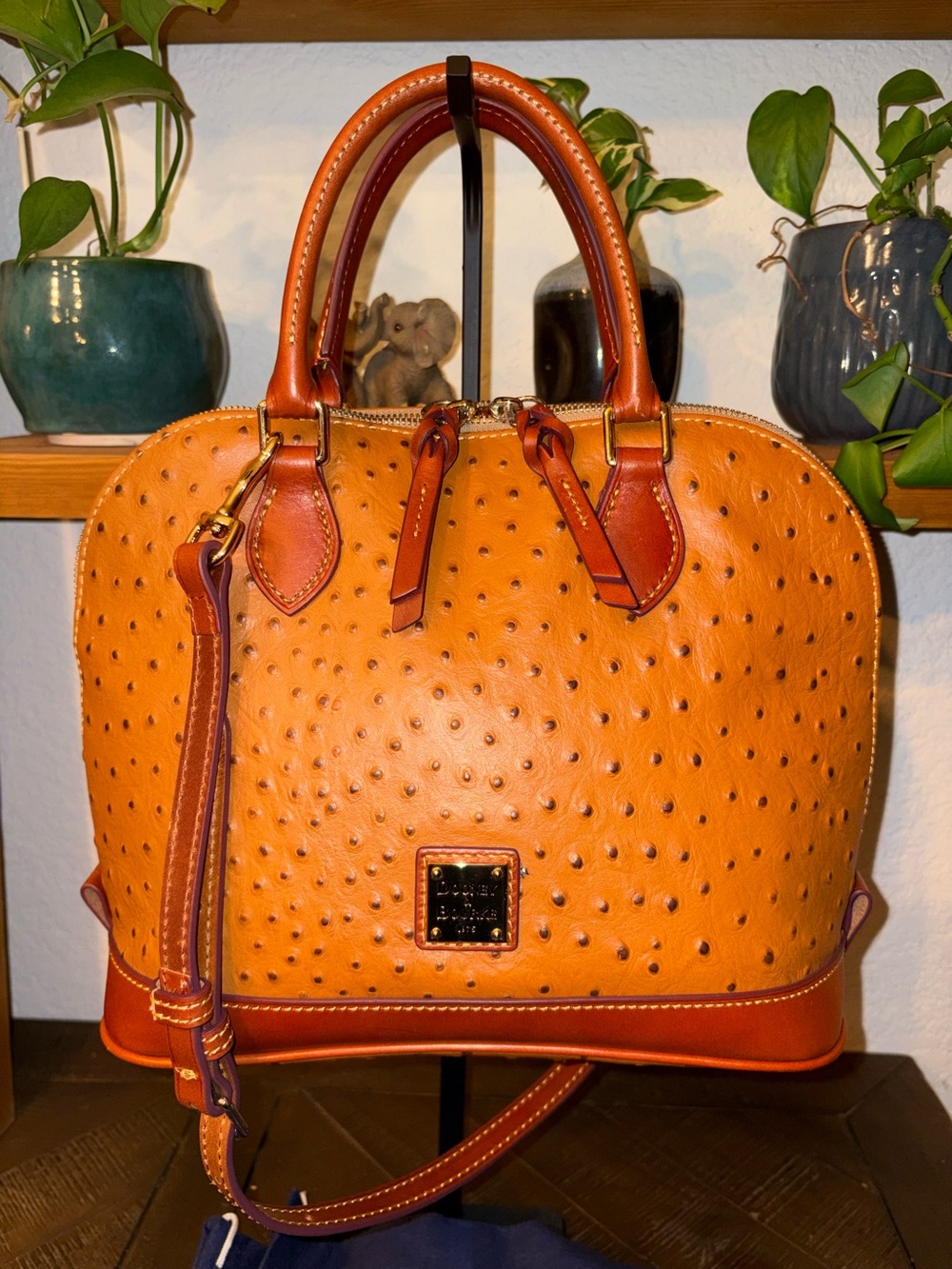 Dooney & Bourke Ostrich Embossed Large Zip Satchel Cognac Leather NWOT